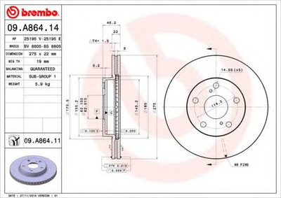 Диск тормозной Brembo (09A86414)