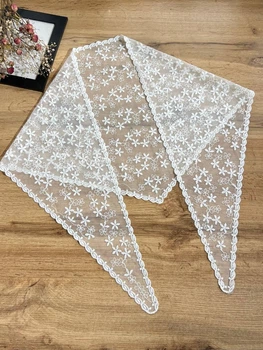 Кружевная косынка платок на голову в храм 130*45 см фатин айвори 1