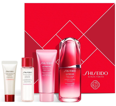 Набір для догляду за обличчям Shiseido Ultimune Holiday Концентрована сироватка для обличчя 50 мл + Очищувальна пінка для обличчя 15 мл + Зволожувальний лосьйон 30 мл + Крем для рук 40 мл (3423222084288)