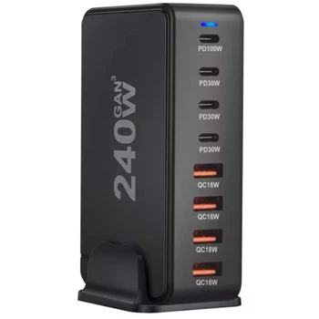 Сетевое Зарядное устройство 240W 4 USB GaN + 4 Type-C PD100W Блок Зарядка для ноутбука и телефона Samsung, iPhone, Xiaomi, Redmi, Huawei, Realme Black