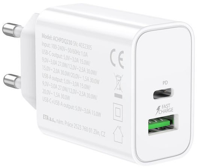 Мережевий зарядний пристрій GoGEN ACHPD230 1 x USB-C + 1 x USB-A 30 W White (GOG-ACHPDQ230W)