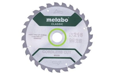 Пильный диск Metabo Cordless Cut Wood Classic 216х1,8х30 мм Z28 WZ 5°/B, по дереву (Блистер) 628665000 (8435)