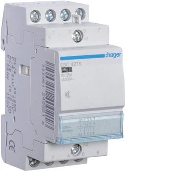 Контактор модульный бесшумный Hager ESC427S 25A 2НО+2НЗ 230В (3772)