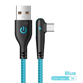 Плетений кабель для швидкого заряджання USB Type C. Коліно 90 градусів. Бірюзовий 1 м