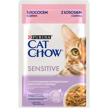 Вологий корм для кішок Purina Cat Chow Sensitive з лососем та цукіні в желе 85г ( 8445290426574)