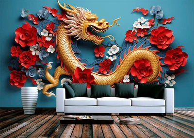 3D Фото Обои PHOTODECOR "Золотой дракон в цветах"