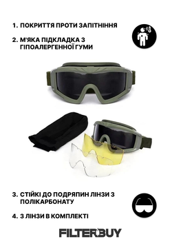 Захисні балістичні окуляри колір Олива, окуляри зі змінним склом (3 шт. в комплекті)