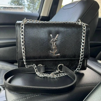 Жіноча міні сумочка YSL чорна на плечо клатч з зміїної еко-шкіри з ланцюжком для вечірок
