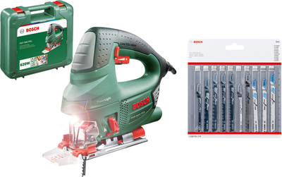 Набір Лобзик електричний Bosch PST 900 PEL 620 Вт, підсвічування робочої зони, маятниковий хід, регулювання швидкості, відсік для пілотів + 1 полотно T 144 D, Cut control (06033A0220) + Пиляльні полотна для лобзика Bosch Wood and Metal 10 шт (2607011170)