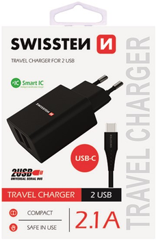 Зарядний пристрій Swissten Smart IC 10W 2 x USB-A + кабель USB-C Black (22054000)