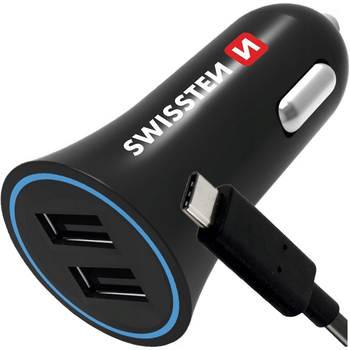 Ładowarka samochodowa Swissten CL 2 x USB-A 12W Quick Charge 2.4 + kabel USB-C 1.2 m Black (20110908)