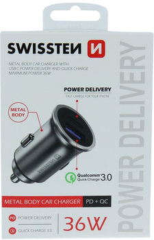 Ładowarka samochodowa Swissten Power Delivery USB-C USB-A 36W Quick Charge 3.0 Silver (20111740)