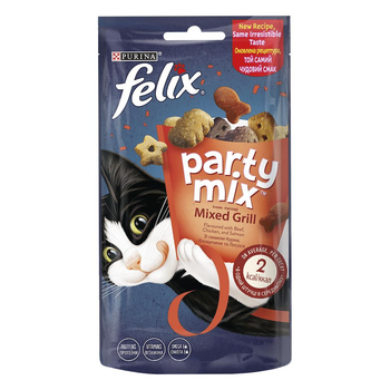 Ласощі Purina Felix Party Mix Grill mix для дорослих кішок зі смаком курки яловичини та лосося 60 г