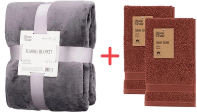 Набор ARDESTO Плед Flannel Темно-серый Евро 200х220 см + 2 махровых полотенца SuperSoft 30х50 см Терракота (ART0213SB+ART2230RT*2)