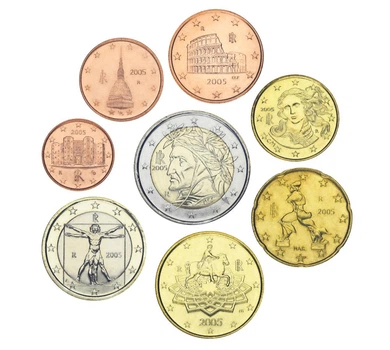 Набор монет Италия набор из 8 монет евро 2005 UNC 1, 2, 5, 10, 20, 50 евроцентов, 1, 2 евро