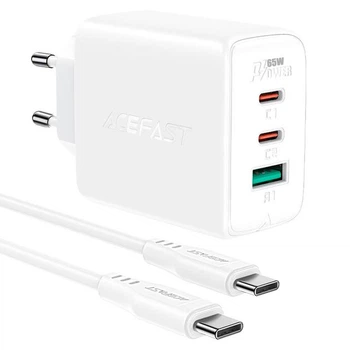 Мережевий зарядний пристрій зі швидкою зарядкою ACEFAST A13 65W PD/QC 3.0 (2Type-C+USB) + Кабель Type-C-Type-C 1.2м White