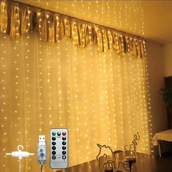 Водонепроникна світлодіодна гірлянда-завіса Штора Sunnest 3*3м 300LED USB з пультом для освітлення та прикрас вікон і тераси, теплий білий колір