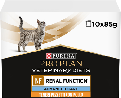 Opakowanie mokrej karmy dietetycznej dla dorosłych kotów Purina Pro Plan Veterinary Diets NF Renal Function Advanced Care w przypadku patologii nerek z kurczakiem 10 x 85 g (7613287873644)