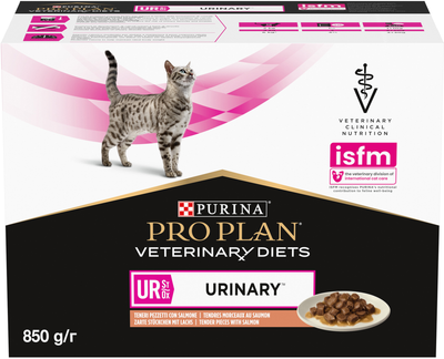 Opakowanie mokrej karmy dietetycznej dla kotów Purina Pro Plan Veterinary Diets UR ST/OX Urinary do rozpuszczania i ograniczania powstawania kamieni struwitowych z łososiem 10 x 85 g (8445290093851)