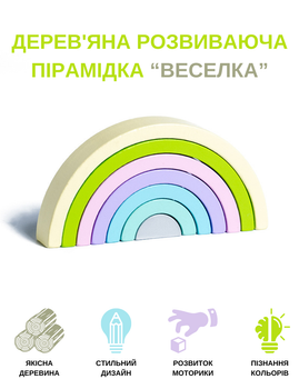 Іграшка розвиваюча Монтессорі JED дерев'яна пірамідка головоломка для дітей Веселка зелено-блакитний 16 х 8 х 2,5 см (24100013)
