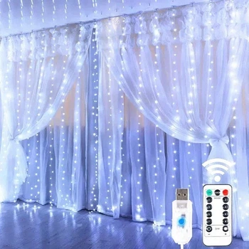 Гірлянда-Завіса Штора 3*3м 300LED USB c Пультом для Прикрас Вікон і Тераси, холодний білий