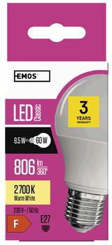 Лампа світлодіодна Emos Lighting 8.5W 2700K 220-240V E27 Теплий білий А60 (8592920044452)