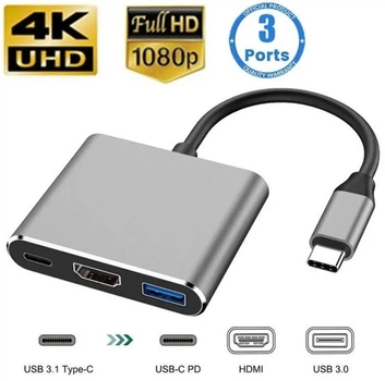 USB Type-C перехідник Хаб концентратор 3 в 1 на HDMI + USB 3.0 + Type-C (PD) OTG 4K, Сірий (486760)
