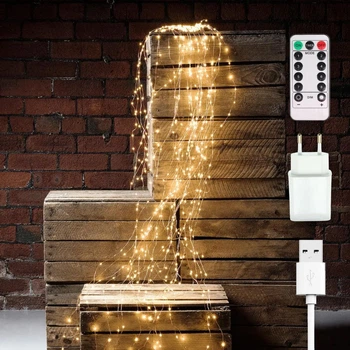 Гірлянда роса Кінський хвіст + пульт, 20 ниток по 1м, 200 LED, від USB і мережі 220В, 8 режимів, Теплий білий