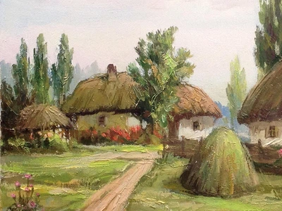 Картина маслом 30х40см Деревенский уют пейзаж хата подсолнухи мальви деревья дорога на холсте ручная работа художника Alleya-kartin