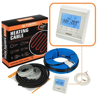 Теплый пол THERM FEP-20 3м²-3,6м²/ 600Вт (30м) нагревательный кабель под плитку 20Вт/м с программируемым терморегулятором белым