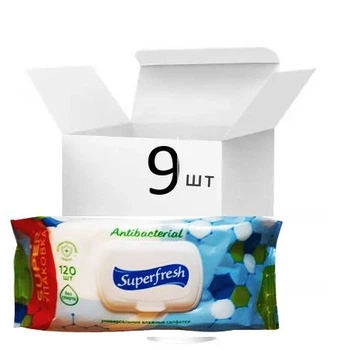 Упаковка влажных салфеток антибактериальных Superfresh с клапаном 9 пачек по 120 шт.