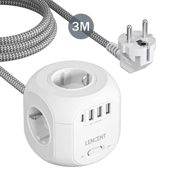 Мережевий фільтр трійник LENCENT SL-805E 3m 2500W 10A 8 в 1 3 USB + TYPE-C подовжувач розгалужувач з вимикачем