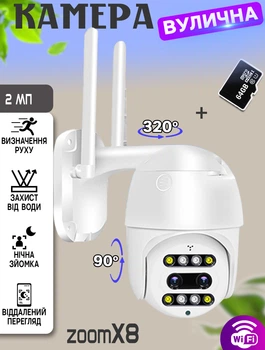 Вулична камера відеоспостереження з 2 об'єктивами WIFI B-Sonic PTZ 2Mп, APP, IP66, нічна зйомка, інтерком, 8х Zoom+Карта пам'яті 64Гб