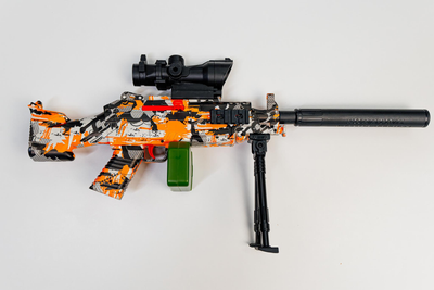 Дитячий іграшковий кулемет на орбізах Орбіган M249 Сіро-оранжевий Дерево стріляє гідрогелевими кулями Гель бластер акумуляторний + 500 орбізів
