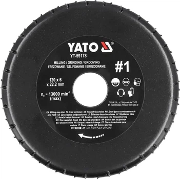 Tarcza frezowa czołowa do szlifierki kątowej Yato do drewna, szpachli, gipsu; Ø=120/22,2 mm, t= 6 mm, ziarnistość nr 1 [10] YT-59178 (5906083099564)