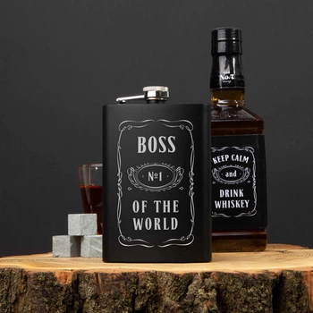 Фляга "Boss №1 of the world", англійська, Дерев'яна подарункова коробка