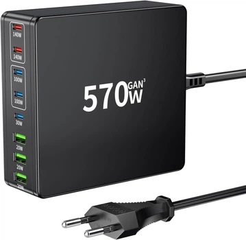 Зарядное устройство HSSNS Multiple USB C: 570 Вт, 8 портов USB C с 5 USB-C и 3 USB-A – зарядное устройство USB C Dual-PD PPS USB C адаптер питания для ноутбука, MacBook, iPad, iPhone, Sumsung и т.д.