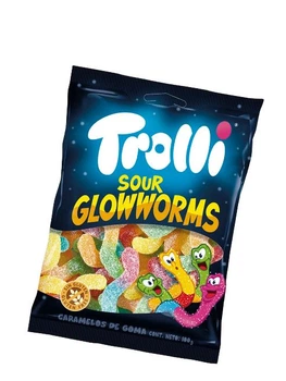 Жувальні цукерки Trolli Sour Glowworms у формі хробаків зі смаком кислих фруктів 150 г