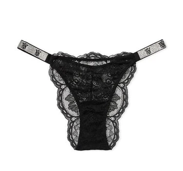 Женские трусики камни со стразами бразильяны Victoria's Secret Shine Strap Lace Thong Panty L Черные