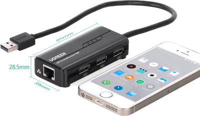 USB-хаб Ugreen USB 3.0 Type A-3xUSB 2.0 + RJ45 1000M Ethernet Чорний (6957303822645)