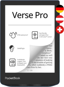 Электронная книга 6" PocketBook Verse Pro PB634 / 16ГБ / Linux / Wi-Fi / сенсорный E-Ink экран (1448х1072) / Влагозащищенность IPX8 / Динамики / Black (102173132)