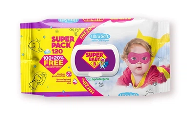 Влажные салфетки Super Baby SuperPak, sensitive ромашка и алоэ, 120 шт.