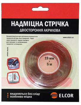 Двостороння надміцна клейка стрічка ELCOR TRA195 19мм*5м на акриловій основі прозора