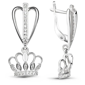 Серебряные серьги-подвески с фианитами Корона