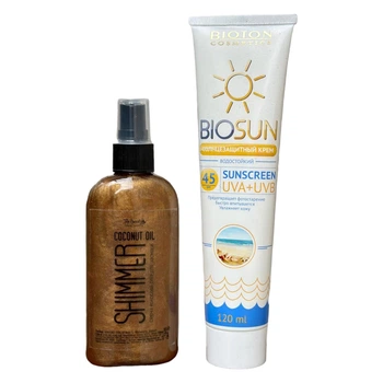 Набір сонцезахисних засобів: крем SPF 45 + кокосоваолія Top Beauty для засмаги з шиммером