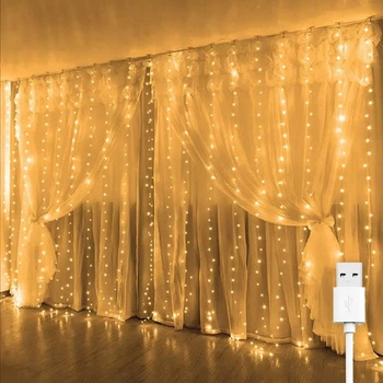 Гирлянда штора "Роса", 3x3м, 300 LED, от USB, 8 режимов + статический, IP44, Теплый белый