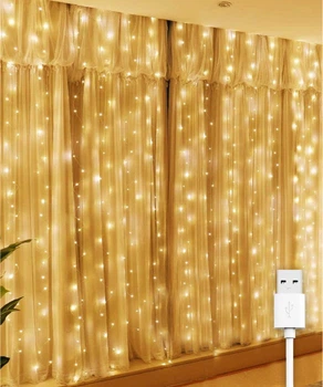 Гирлянда штора "Роса", 3x2м, 400 LED, от USB, 8 режимов + статический, IP44, Теплый белый