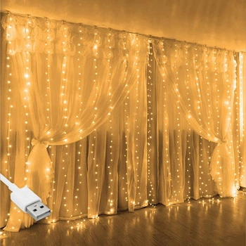 Гирлянда штора "Роса" от USB, 3x3м, 600 LED, 20 нитей, 8 режимов, IP44, Теплый белый