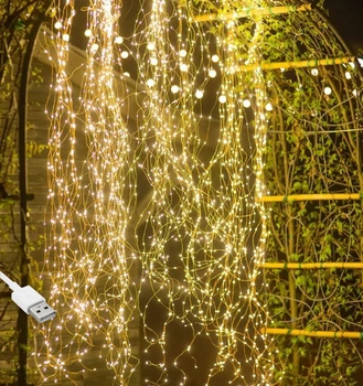 Гирлянда роса Конский хвост, 30 нитей по 2м, 600 LED, от USB, 8 режимов, Теплый белый