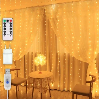 Гирлянда штора "Роса" с пультом ДУ, 3x2м, от USB и сети 220V, 400 LED, 8 режимов + статический, IP44, Теплый белый